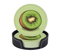 Drink Coasters with Holder Half Kiwi Coasters 6 Pcs Round Coasters for Drinks Mugs Mat Cup Pad Leather Coasters for Coffee Table Kitchen Dining Room Bar Decor 3.9 Inch