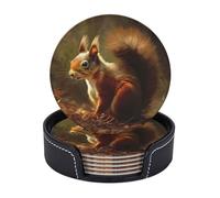 Drink Coasters with Holder Hand Drawn Squirrel Coasters 6 Pcs Round Coasters for Drinks Mugs Mat Cup Pad Leather Coasters for Coffee Table Kitchen Dining Room Bar Decor 3.9 Inch