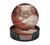 Drink Coasters with Holder Hazy Cat Coasters 6 Pcs Round Coasters for Drinks Mugs Mat Cup Pad Leather Coasters for Coffee Table Kitchen Dining Room Bar Decor 3.9 Inch