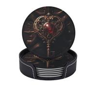 Drink Coasters with Holder Heart Shaped Key Coasters 6 Pcs Round Coasters for Drinks Mugs Mat Cup Pad Leather Coasters for Coffee Table Kitchen Dining Room Bar Decor 3.9 Inch