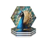 Drink Coasters with Holder Heat Resistant Ceramic Coaster Set of 4 Coffee Cup Mat Beautiful peacock Coasters for Drinks Round Tabletop Protection Cup Pad for Coffee Table Bar Home Decor