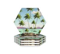 Drink Coasters with Holder Heat Resistant Ceramic Coaster Set of 4 Coffee Cup Mat Hawaii palm tree Coasters for Drinks Round Tabletop Protection Cup Pad for Coffee Table Bar Home Decor