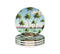 Drink Coasters with Holder Heat Resistant Ceramic Coaster Set of 4 Coffee Cup Mat Hawaii palm tree Coasters for Drinks Round Tabletop Protection Cup Pad for Coffee Table Bar Home Decor