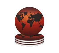 Drink Coasters with Holder Heat Resistant Ceramic Coaster Set of 4 Coffee Cup Mat Red and brown world map Coasters for Drinks Round Tabletop Protection Cup Pad for Coffee Table Bar Home Decor
