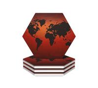 Drink Coasters with Holder Heat Resistant Ceramic Coaster Set of 4 Coffee Cup Mat Red and brown world map Coasters for Drinks Round Tabletop Protection Cup Pad for Coffee Table Bar Home Decor