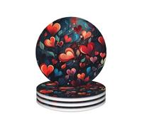 Drink Coasters with Holder Heat Resistant Ceramic Coaster Set of 4 Coffee Cup Mat Red Heart Coasters for Drinks Round Tabletop Protection Cup Pad for Coffee Table Bar Home Decor