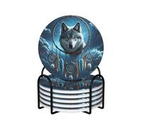Drink Coasters with Holder Heat Resistant Ceramic Coaster Set of 6 Coffee Cup Mat 3D Wolf Dream Catcher Coasters for Drinks Round Tabletop Protection Cup Pad for Coffee Table Bar Home Decor