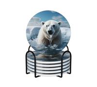 Drink Coasters with Holder Heat Resistant Ceramic Coaster Set of 6 Coffee Cup Mat Cool Animal White Polar Bear Coasters for Drinks Round Tabletop Protection Cup Pad for Coffee Table Bar Home Decor