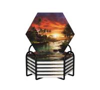 Drink Coasters with Holder Heat Resistant Ceramic Coaster Set of 6 Coffee Cup Mat Mysterious tropical style Coasters for Drinks Round Tabletop Protection Cup Pad for Coffee Table Bar Home Decor