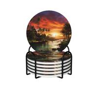 Drink Coasters with Holder Heat Resistant Ceramic Coaster Set of 6 Coffee Cup Mat Mysterious tropical style Coasters for Drinks Round Tabletop Protection Cup Pad for Coffee Table Bar Home Decor