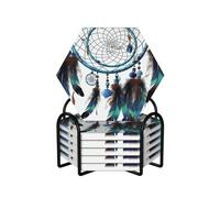 Drink Coasters with Holder Heat Resistant Ceramic Coaster Set of 6 Coffee Cup Mat Native American Dream Catcher Coasters for Drinks Round Tabletop Protection Cup Pad for Coffee Table Bar Home Decor