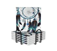 Drink Coasters with Holder Heat Resistant Ceramic Coaster Set of 6 Coffee Cup Mat Native American Dream Catcher Coasters for Drinks Round Tabletop Protection Cup Pad for Coffee Table Bar Home Decor