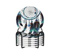 Drink Coasters with Holder Heat Resistant Ceramic Coaster Set of 6 Coffee Cup Mat Native American Dream Catcher Coasters for Drinks Round Tabletop Protection Cup Pad for Coffee Table Bar Home Decor