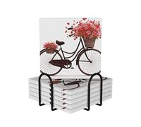 Drink Coasters with Holder Heat Resistant Ceramic Coaster Set of 6 Coffee Cup Mat Red bicycle with flowers Coasters for Drinks Round Tabletop Protection Cup Pad for Coffee Table Bar Home Decor