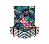 Drink Coasters with Holder Heat Resistant Ceramic Coaster Set of 6 Coffee Cup Mat Tropical Floral Leaves Coasters for Drinks Round Tabletop Protection Cup Pad for Coffee Table Bar Home Decor