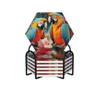 Drink Coasters with Holder Heat Resistant Ceramic Coaster Set of 6 Coffee Cup Mat Tropical plants and parrots Coasters for Drinks Round Tabletop Protection Cup Pad for Coffee Table Bar Home Decor