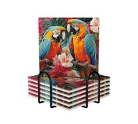 Drink Coasters with Holder Heat Resistant Ceramic Coaster Set of 6 Coffee Cup Mat Tropical plants and parrots Coasters for Drinks Round Tabletop Protection Cup Pad for Coffee Table Bar Home Decor