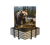 Drink Coasters with Holder Heat Resistant Ceramic Coaster Set of 6 Coffee Cup Mat Wild Bear Coasters for Drinks Round Tabletop Protection Cup Pad for Coffee Table Bar Home Decor