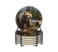 Drink Coasters with Holder Heat Resistant Ceramic Coaster Set of 6 Coffee Cup Mat Wild Bear Coasters for Drinks Round Tabletop Protection Cup Pad for Coffee Table Bar Home Decor