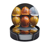 Drink Coasters with Holder Heat Resistant Leather Coaster Set of 6 Coffee Cup Mat Construction helmets Coasters for Drinks Round Tabletop Protection Cup Pad for Coffee Table Bar Home Decor