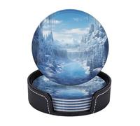 Drink Coasters with Holder Heat Resistant Leather Coaster Set of 6 Coffee Cup Mat Snow Ice World Coasters for Drinks Round Tabletop Protection Cup Pad for Coffee Table Bar Home Decor