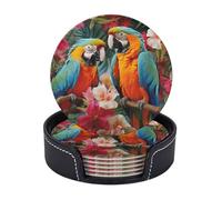Drink Coasters with Holder Heat Resistant Leather Coaster Set of 6 Coffee Cup Mat Tropical plants and parrots Coasters for Drinks Round Tabletop Protection Cup Pad for Coffee Table Bar Home Decor
