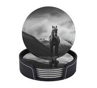 Drink Coasters with Holder Horse on Mountain Coasters 6 Pcs Round Coasters for Drinks Mugs Mat Cup Pad Leather Coasters for Coffee Table Kitchen Dining Room Bar Decor 3.9 Inch