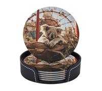 Drink Coasters with Holder Koala in Amusement Park Coasters 6 Pcs Round Coasters for Drinks Mugs Mat Cup Pad Leather Coasters for Coffee Table Kitchen Dining Room Bar Decor 3.9 Inch