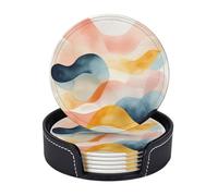 Drink Coasters with Holder Layered Watercolor Coasters 6 Pcs Round Coasters for Drinks Mugs Mat Cup Pad Leather Coasters for Coffee Table Kitchen Dining Room Bar Decor 3.9 Inch