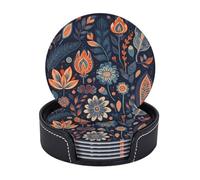 Drink Coasters with Holder Leather Coasters Set of 6 Orange and Blue Coaster for Drinks Tabletop Protection Cup Mat Pad for Home and Kitchen Coaster Set for Home Decor 4 Inch