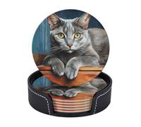 Drink Coasters with Holder Light Gray Cat Coasters 6 Pcs Round Coasters for Drinks Mugs Mat Cup Pad Leather Coasters for Coffee Table Kitchen Dining Room Bar Decor 3.9 Inch
