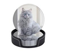 Drink Coasters with Holder Long Haired Cat Coasters 6 Pcs Round Coasters for Drinks Mugs Mat Cup Pad Leather Coasters for Coffee Table Kitchen Dining Room Bar Decor 3.9 Inch