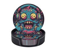 Drink Coasters with Holder Love Music Monster Coasters 6 Pcs Round Coasters for Drinks Mugs Mat Cup Pad Leather Coasters for Coffee Table Kitchen Dining Room Bar Decor 3.9 Inch
