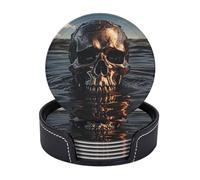 Drink Coasters with Holder Metal Skull Coasters 6 Pcs Round Coasters for Drinks Mugs Mat Cup Pad Leather Coasters for Coffee Table Kitchen Dining Room Bar Decor 3.9 Inch