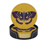Drink Coasters with Holder Moth Illustration Coasters 6 Pcs Round Coasters for Drinks Mugs Mat Cup Pad Leather Coasters for Coffee Table Kitchen Dining Room Bar Decor 3.9 Inch