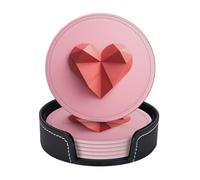 Drink Coasters with Holder Paper Heart Coasters 6 Pcs Round Coasters for Drinks Mugs Mat Cup Pad Leather Coasters for Coffee Table Kitchen Dining Room Bar Decor 3.9 Inch