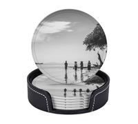 Drink Coasters with Holder People on The Beach Coasters 6 Pcs Round Coasters for Drinks Mugs Mat Cup Pad Leather Coasters for Coffee Table Kitchen Dining Room Bar Decor 3.9 Inch