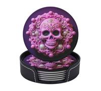 Drink Coasters with Holder Pink Skull Coasters 6 Pcs Round Coasters for Drinks Mugs Mat Cup Pad Leather Coasters for Coffee Table Kitchen Dining Room Bar Decor 3.9 Inch