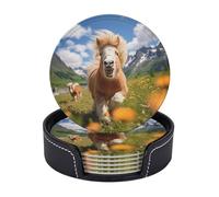 Drink Coasters with Holder Pony and Mountain Coasters 6 Pcs Round Coasters for Drinks Mugs Mat Cup Pad Leather Coasters for Coffee Table Kitchen Dining Room Bar Decor 3.9 Inch