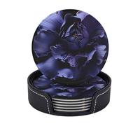 Drink Coasters with Holder Purple Flower Texture Coasters 6 Pcs Round Coasters for Drinks Mugs Mat Cup Pad Leather Coasters for Coffee Table Kitchen Dining Room Bar Decor 3.9 Inch