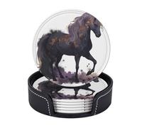 Drink Coasters with Holder Purple Horse Coasters 6 Pcs Round Coasters for Drinks Mugs Mat Cup Pad Leather Coasters for Coffee Table Kitchen Dining Room Bar Decor 3.9 Inch