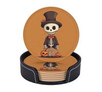 Drink Coasters with Holder Quiet Skeleton Coasters 6 Pcs Round Coasters for Drinks Mugs Mat Cup Pad Leather Coasters for Coffee Table Kitchen Dining Room Bar Decor 3.9 Inch