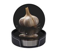 Drink Coasters with Holder Raw Garlic Coasters 6 Pcs Round Coasters for Drinks Mugs Mat Cup Pad Leather Coasters for Coffee Table Kitchen Dining Room Bar Decor 3.9 Inch