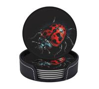 Drink Coasters with Holder Red Ladybug Pattern Coasters 6 Pcs Round Coasters for Drinks Mugs Mat Cup Pad Leather Coasters for Coffee Table Kitchen Dining Room Bar Decor 3.9 Inch