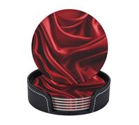 Drink Coasters with Holder Red Satin Coasters 6 Pcs Round Coasters for Drinks Mugs Mat Cup Pad Leather Coasters for Coffee Table Kitchen Dining Room Bar Decor 3.9 Inch