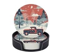 Drink Coasters with Holder Red Truck Snow Coasters 6 Pcs Round Coasters for Drinks Mugs Mat Cup Pad Leather Coasters for Coffee Table Kitchen Dining Room Bar Decor 3.9 Inch