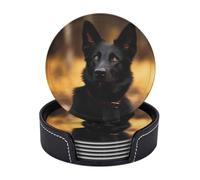 Drink Coasters with Holder Round Leather Coasters 6 Pcs Black German Shepherd Dog Coasters for Drinks Absorbent Coasters Set Mugs Mat Decorate Cup pad for Coffee Table Kitchen Dining Room Bar Decor