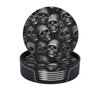Drink Coasters with Holder Round Leather Coasters 6 Pcs Black Skull Coasters for Drinks Absorbent Coasters Set Mugs Mat Decorate Cup pad for Coffee Table Kitchen Dining Room Bar Decor