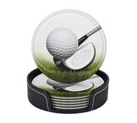 Drink Coasters with Holder Round Leather Coasters 6 Pcs Golf Club Coasters for Drinks Absorbent Coasters Set Mugs Mat Decorate Cup pad for Coffee Table Kitchen Dining Room Bar Decor