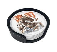 Drink Coasters with Holder Set of 6 Chinese Dragon Japan Sushi Big Wave Round Mat Pad for Cups Mugs Table Microfiber PU Leather for Home Kitchen Bar Cabaret Cafes Pup Club Restaurant Hotel
